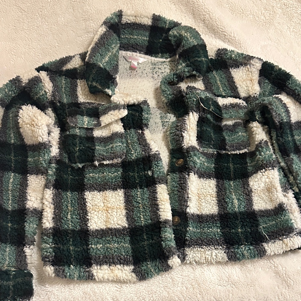 Women’s Plush Plaid Sherpa Jean Jacket - Green & Cream